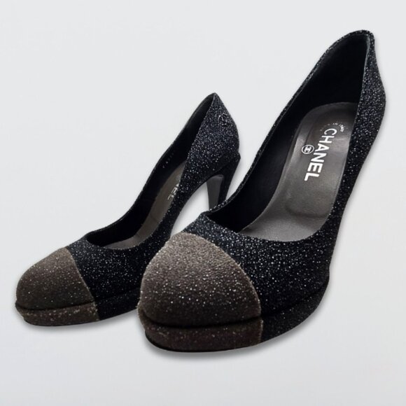 Chanel Platform Platform Pumps Sparkly Pebbled Texture Cap Toe Black/Grey 40 - Picture 2 of 16